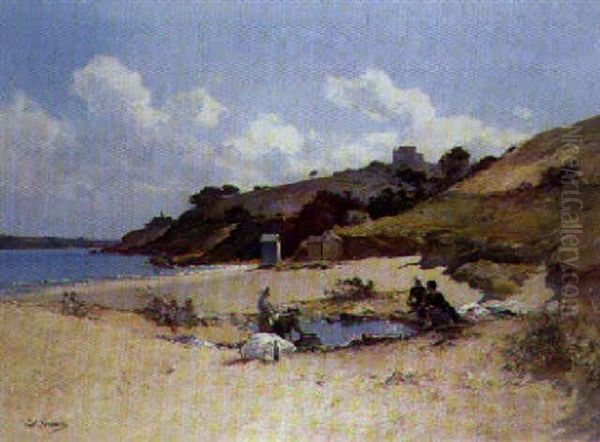 Lavandieres Sur La Plage De Saint-enogat Oil Painting by Paul Lecomte