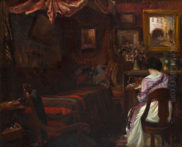 An Intimate Interior Oil Painting by Paul Emile Lecomte