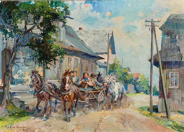 Dorfstrase Mit Pferdefuhrwerk An Einem Sommertag Oil Painting by Paul Emile Lecomte