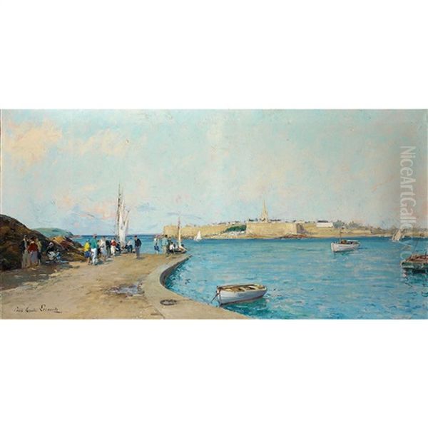 Personnages Le Long D'un Quai Devant Une Ville Portuaire Fortifiee Oil Painting by Paul Emile Lecomte