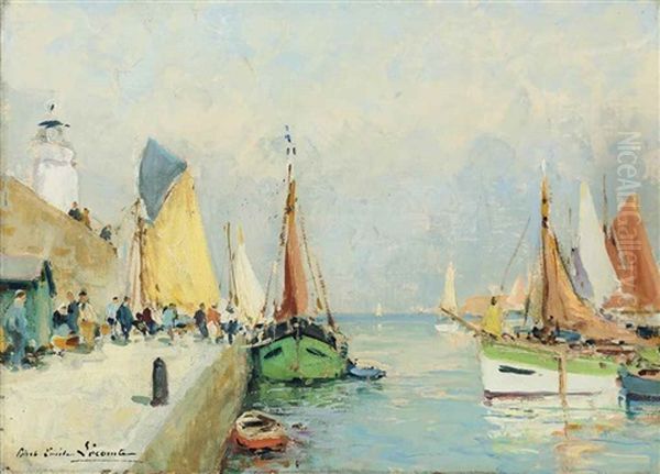 Boats In The Harbour Oil Painting by Paul Emile Lecomte