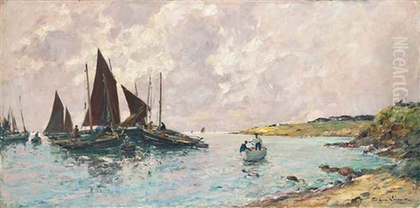 Boats By The Shore Oil Painting by Paul Emile Lecomte