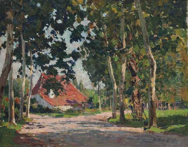 A Cottage By A Sunlit Lane Oil Painting by Paul Emile Lecomte