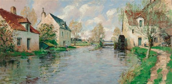 Tranquil River Mill Oil Painting by Paul Emile Lecomte