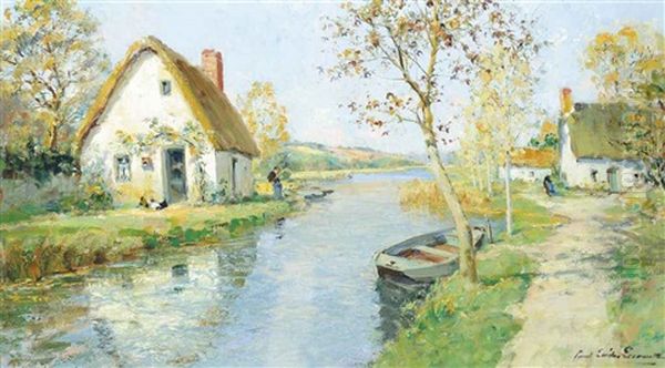 Fishing At A Riverside Cottage Oil Painting by Paul Emile Lecomte