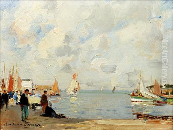 French Harbor Scene Oil Painting by Paul Emile Lecomte