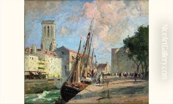 Bateaux A Quai Oil Painting by Paul Emile Lecomte