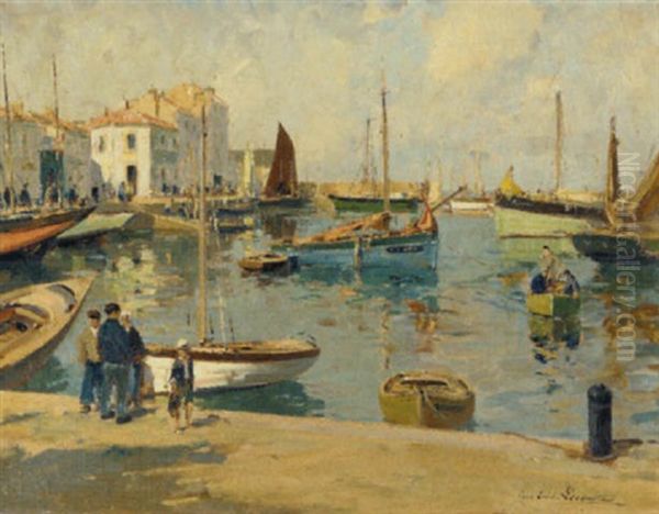 A Harbor Village Oil Painting by Paul Emile Lecomte