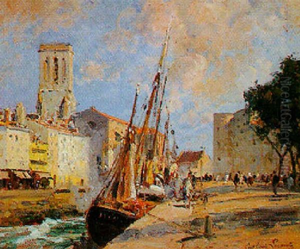 Les Bateaux A Quai Oil Painting by Paul Emile Lecomte