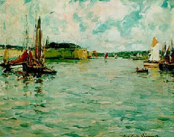 Thoniers Au Mouillage Pres De La Ville Close - Concarneau Oil Painting by Paul Emile Lecomte