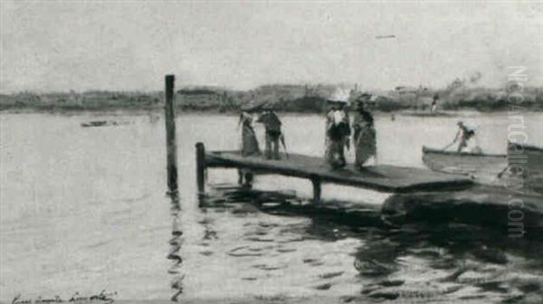 Elegant Figures On A Jetty Oil Painting by Paul Emile Lecomte