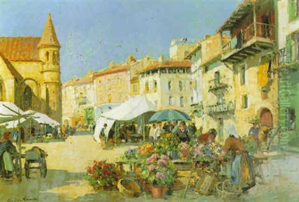 Marche Aux Fleurs Oil Painting by Paul Emile Lecomte