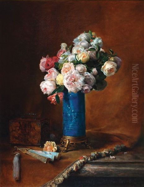 Still Life With Roses Oil Painting by Victor Lecomte