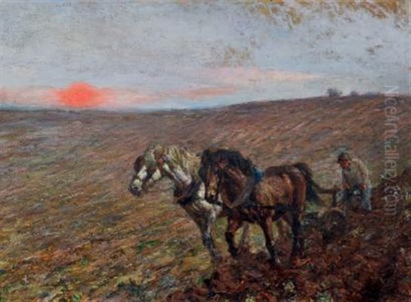 Laboureur Au Coucher Du Soleil Oil Painting by Raymond Louis Lecourt