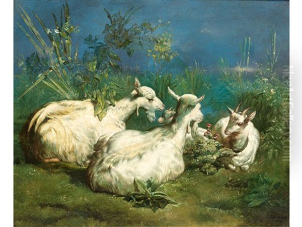 Drei Ziegen Und Ein Zicklein Auf Einer Wiese Oil Painting by Jacques-Joseph Lecurieux