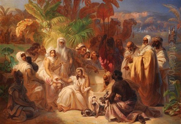 Assemblee De Femmes Orientales Dans Une Palmeraie Autour D'un Coffre D'argenterie Oil Painting by Jacques-Joseph Lecurieux