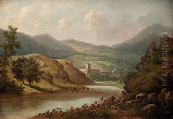 Flusslandschaft Mit Ruine Und Hausern Oil Painting by Joseph Ledeli