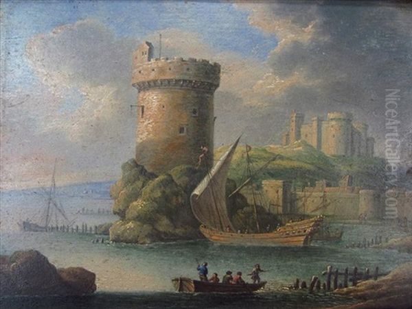 Castle On Bay With Ships And Figures Oil Painting by Pierre Francois Ledoulx