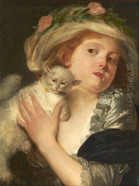 Jeune Fille Au Chat Oil Painting by Jeanne-Philiberte Ledoux