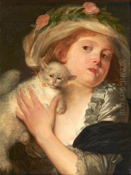 Jeune Fille Au Chat Oil Painting by Jeanne-Philiberte Ledoux