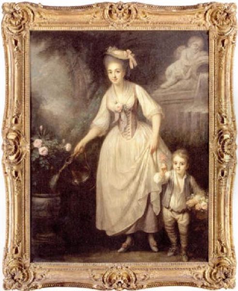 Portrait Of A Lady (duchesse De Choiseul?) In A White Dress And Hat, Watering Roses, And A Boy In A White Shirt Holding A Basket Of Roses Oil Painting by Jeanne-Philiberte Ledoux