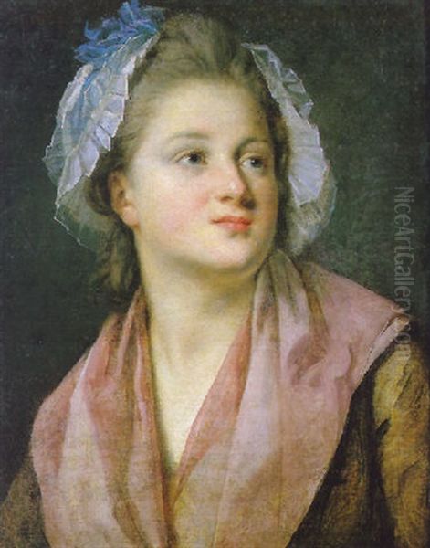 Portrait D'une Jeune Femme Au Fichu Rose Oil Painting by Jeanne-Philiberte Ledoux