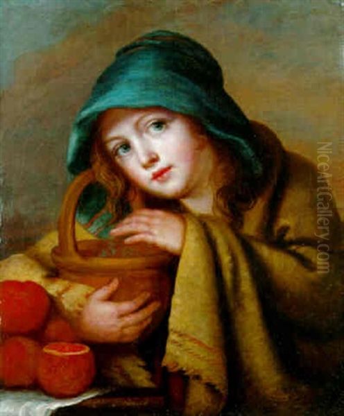 A Beggar Girl Holding A Basket Oil Painting by Jeanne-Philiberte Ledoux