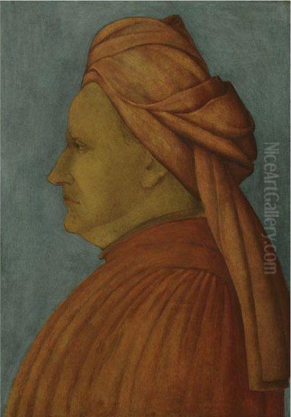 Profile Of A Man, Wearing A Red Shirt And Red Turban Oil Painting by Gentile Bellini