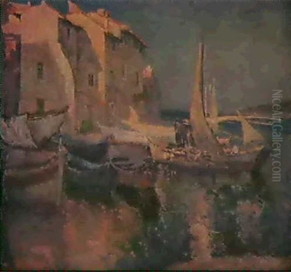 Barques A Villefranche Oil Painting by Paul Leduc