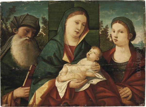 The Madonna And Child With Saint Anthony Abbot And Saint Catherine,in A Landscape Oil Painting by Giovanni Bellini