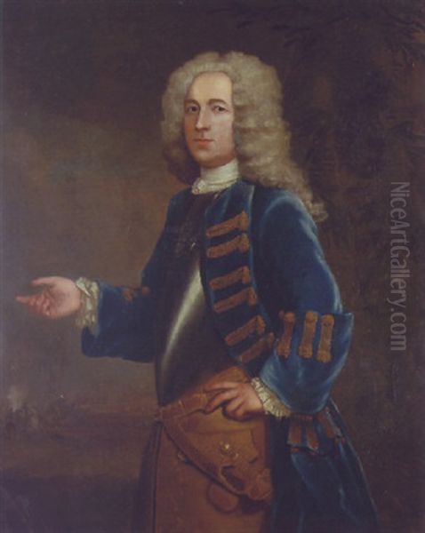 Portrait Of Henry Boyle, Captain Of Horse, In A Breastplate And Blue Coat With Gold Trim, In A Landscape, With A Battle Beyond Oil Painting by Anthony Lee