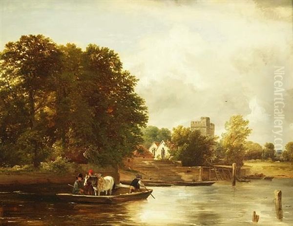 Bewaldete Fluslandschaft, Kinder Mit Ponny Im Boot Uberqueren Den Flus Oil Painting by Frederick Richard Lee