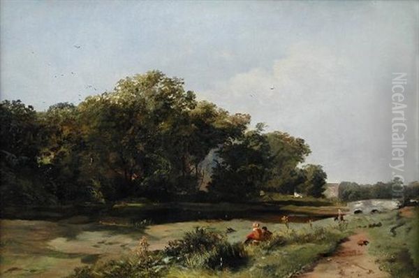 Walkers Resting By A River Bank, A Packhorse Bridge Beyond Oil Painting by Frederick Richard Lee