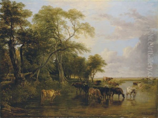 A Woody River Scene, With Cows Watering (collab. W/thomas Sidney Cooper) Oil Painting by Frederick Richard Lee