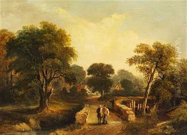 To Personer Krydser Broen Der Forer Ind Til Landsbyen Oil Painting by Frederick Richard Lee