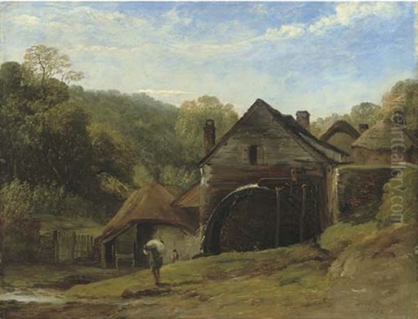 An Overshot Mill In A Wooded Landscape With A Figure In The Foreground Oil Painting by Frederick Richard Lee