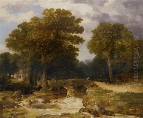 A Wooded River Landscape With Figures On A Bridge And A Building Beyond Oil Painting by Frederick Richard Lee