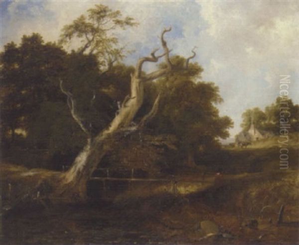 A Figure By A River In A Wooded River Landscape by Frederick Richard Lee