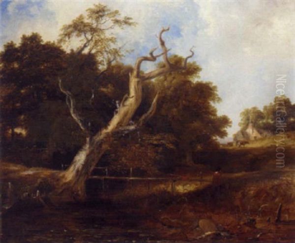 A Figure By A River In A Wooded River Landscape Oil Painting by Frederick Richard Lee