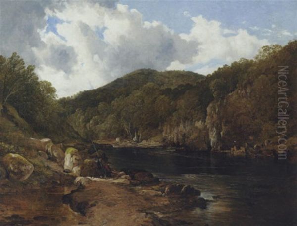 A Scottish Wooded River Landscape With Anglers On The Rocks Oil Painting by Frederick Richard Lee