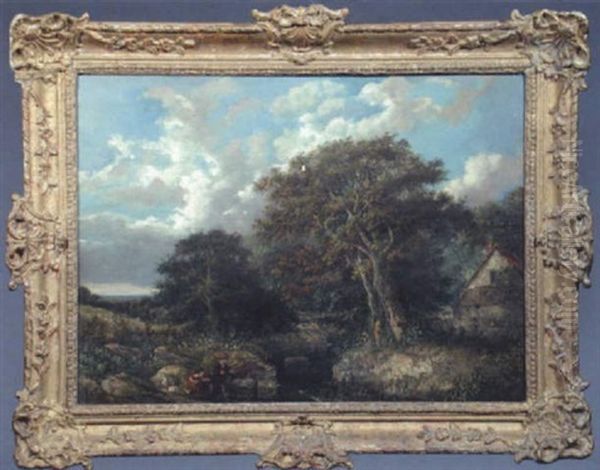 Landscape With Man And Child Fishing Oil Painting by Frederick Richard Lee