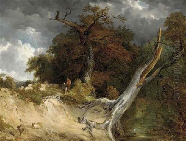 A Shepherd With His Flock On A River Bank by Frederick Richard Lee