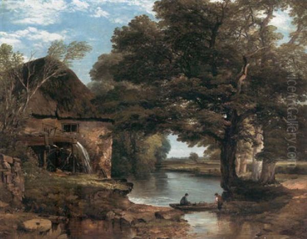 My Cottage Near The Brook: A Wooded River Landscape With An Overshot Mill And Fishermen Oil Painting by Frederick Richard Lee