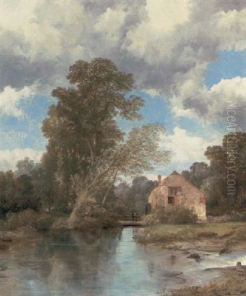 A Wooded River Landscape With Figures On A Bridge By A Watermill Oil Painting by Frederick Richard Lee