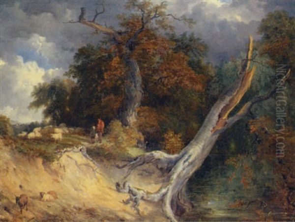 Figures And Sheep In A Wooded Landscape Oil Painting by Frederick Richard Lee