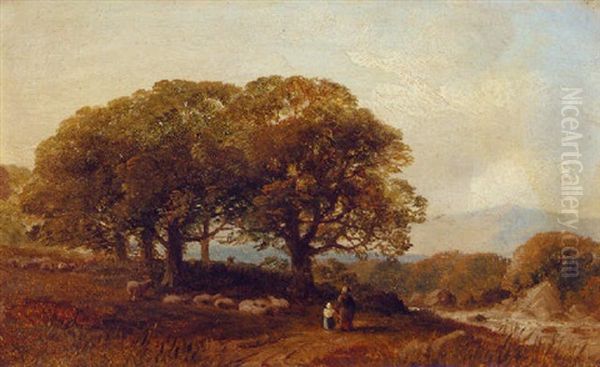 Figures By A Flock Of Sheep On A Riverside Track Oil Painting by Frederick Richard Lee