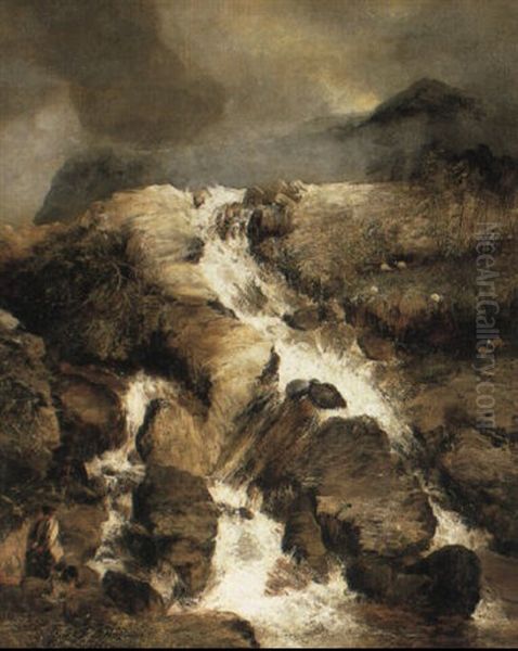 Waterfall In Rocky Landscape With Fishermen Oil Painting by Frederick Richard Lee