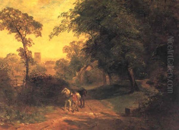 Man And His Horses On A Wooded Track Oil Painting by Frederick Richard Lee