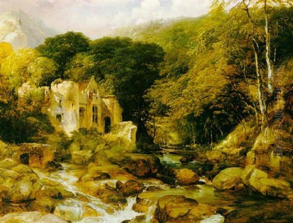 River Landscape With Ruin, Probably The River Tavy, Devon Oil Painting by Frederick Richard Lee