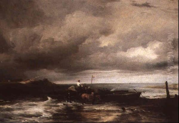 Figures Unloading A Boat On The Beach Oil Painting by Frederick Richard Lee